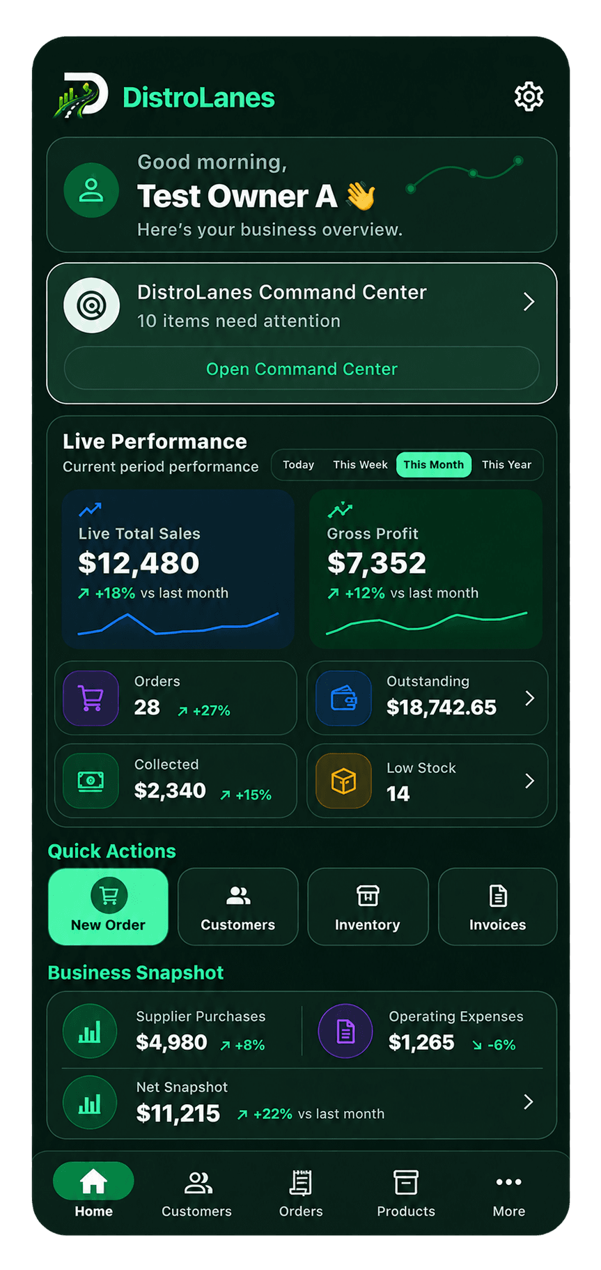 DistroLanes mobile Home screen