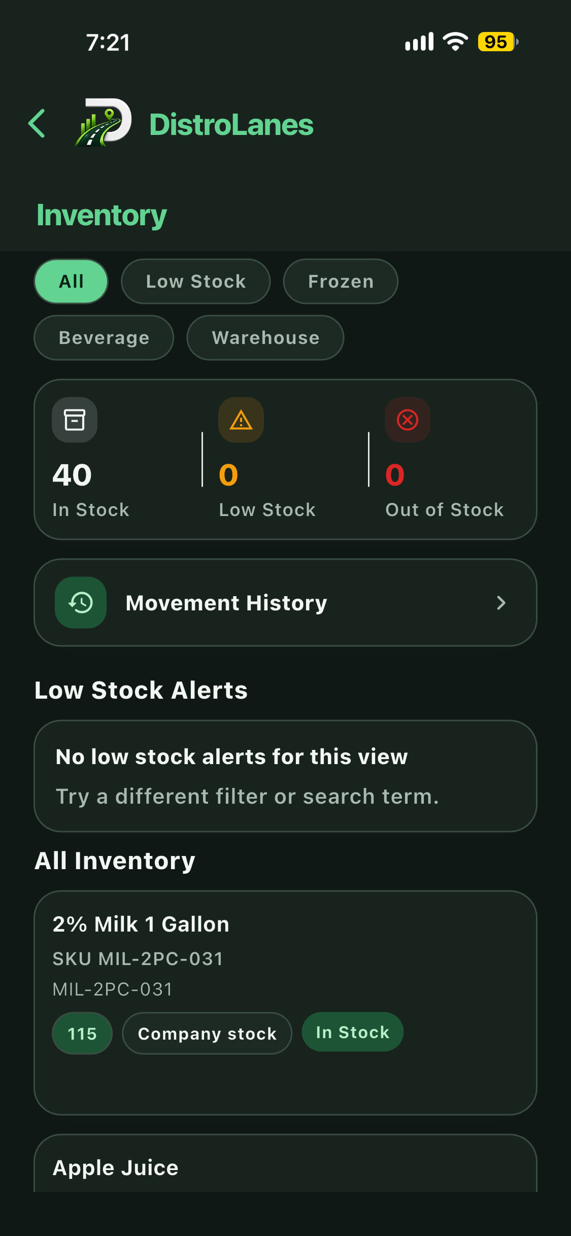 DistroLanes inventory overview supporting purchasing and receiving