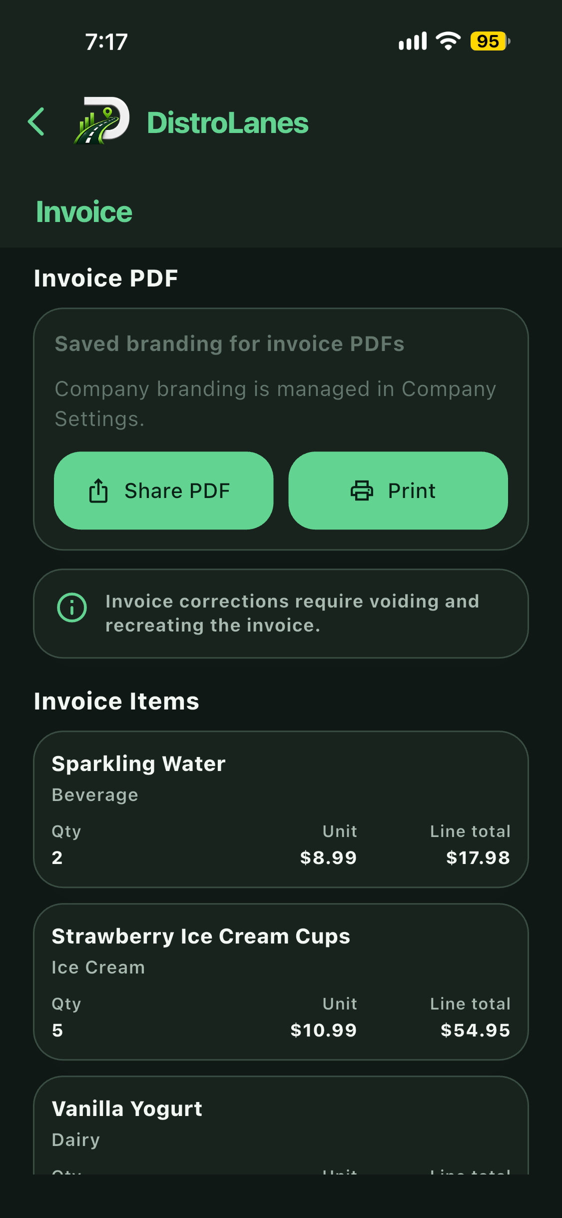 DistroLanes invoice actions screen connected to sales operations