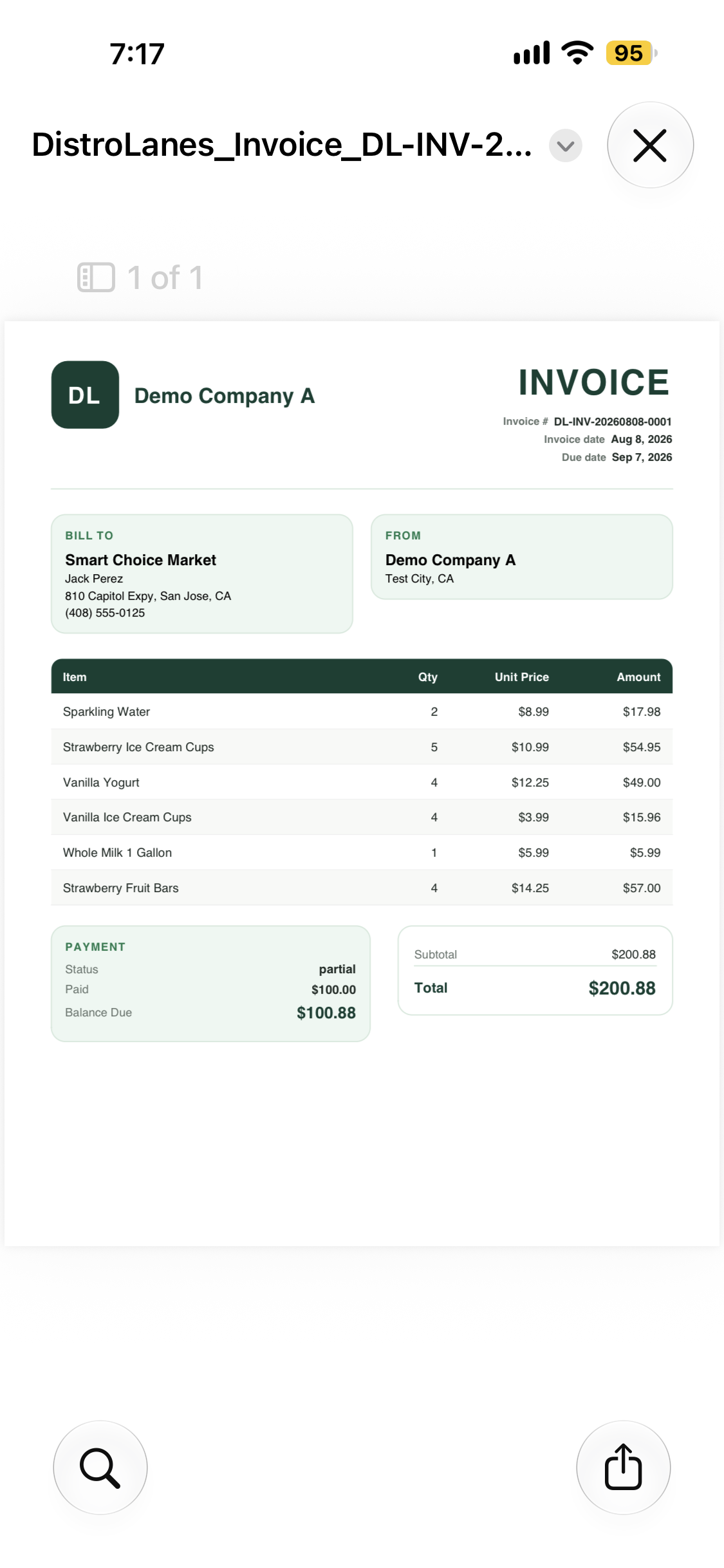 DistroLanes invoice PDF preview for customer-facing document output