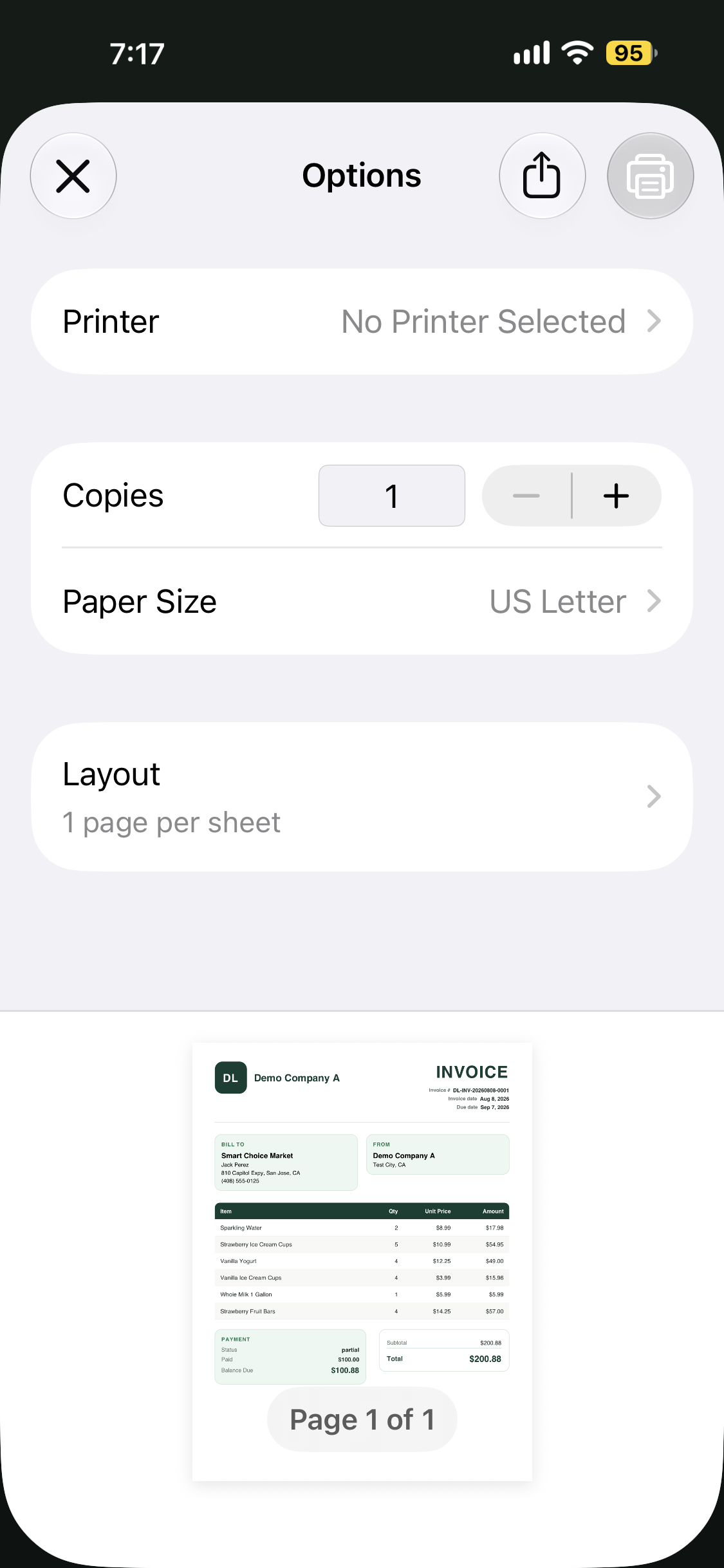 Native iPhone print sheet for printing a DistroLanes invoice